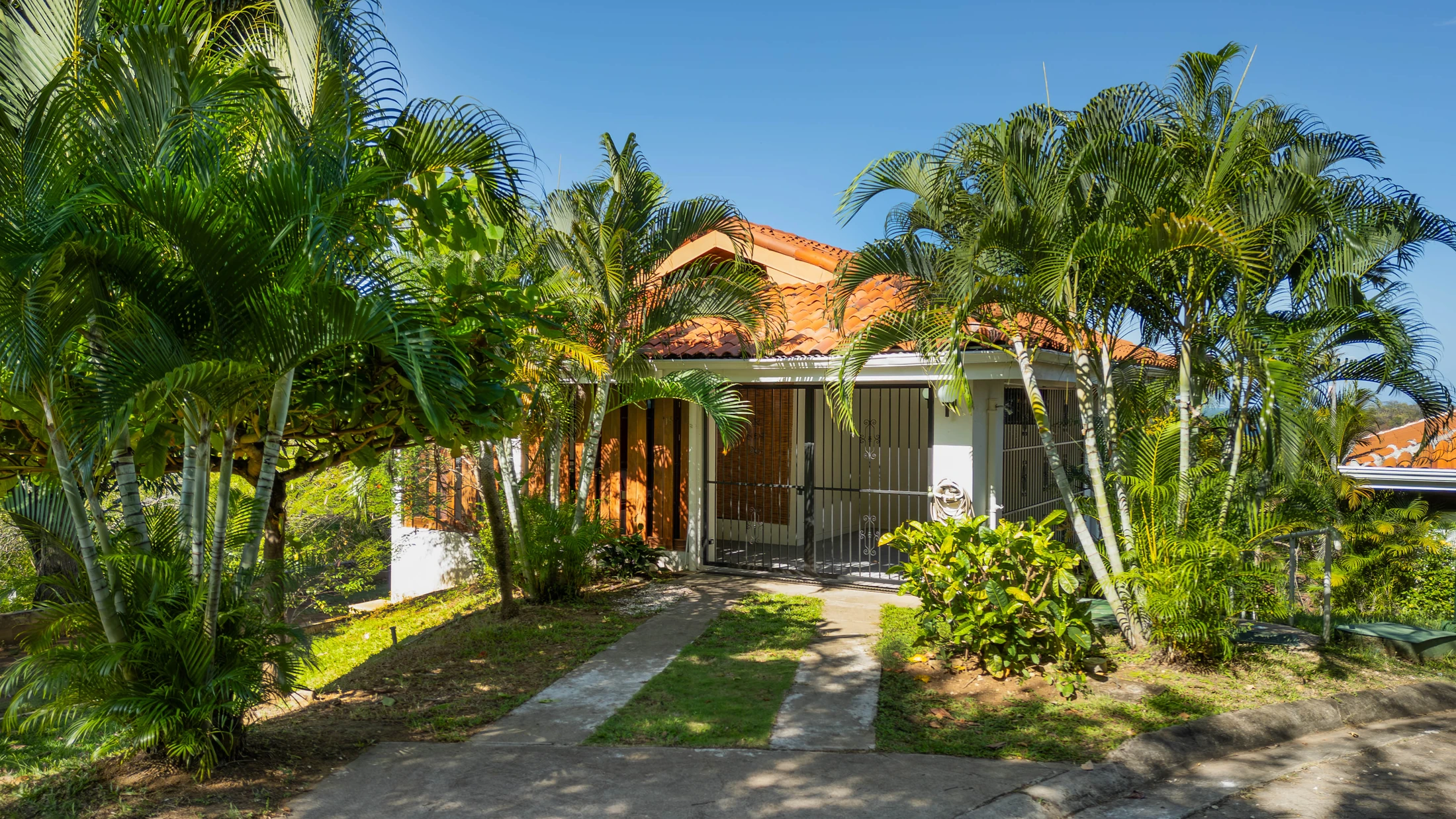 Exterior of Los Almendros 15, front entrance framed by palms