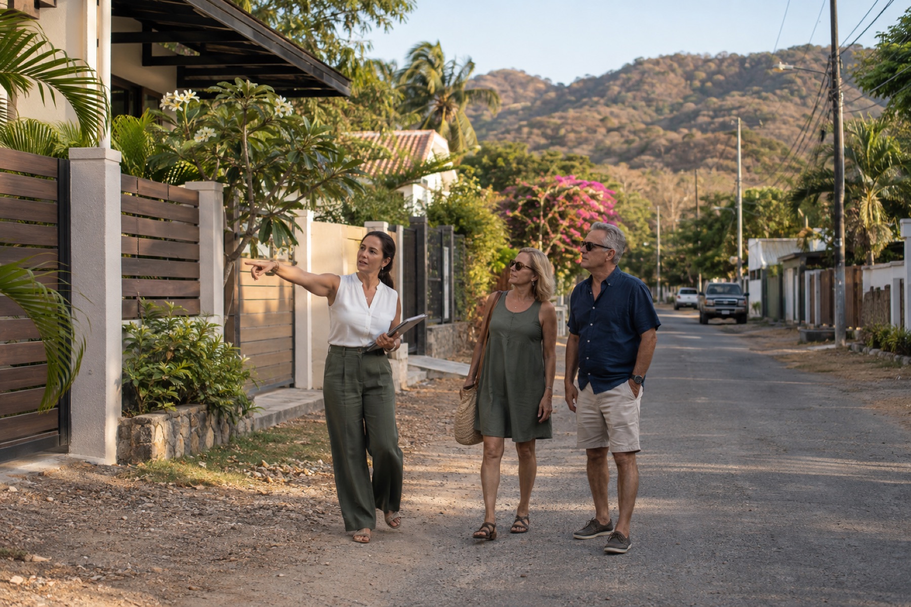 A real estate agent showing a couple around a home