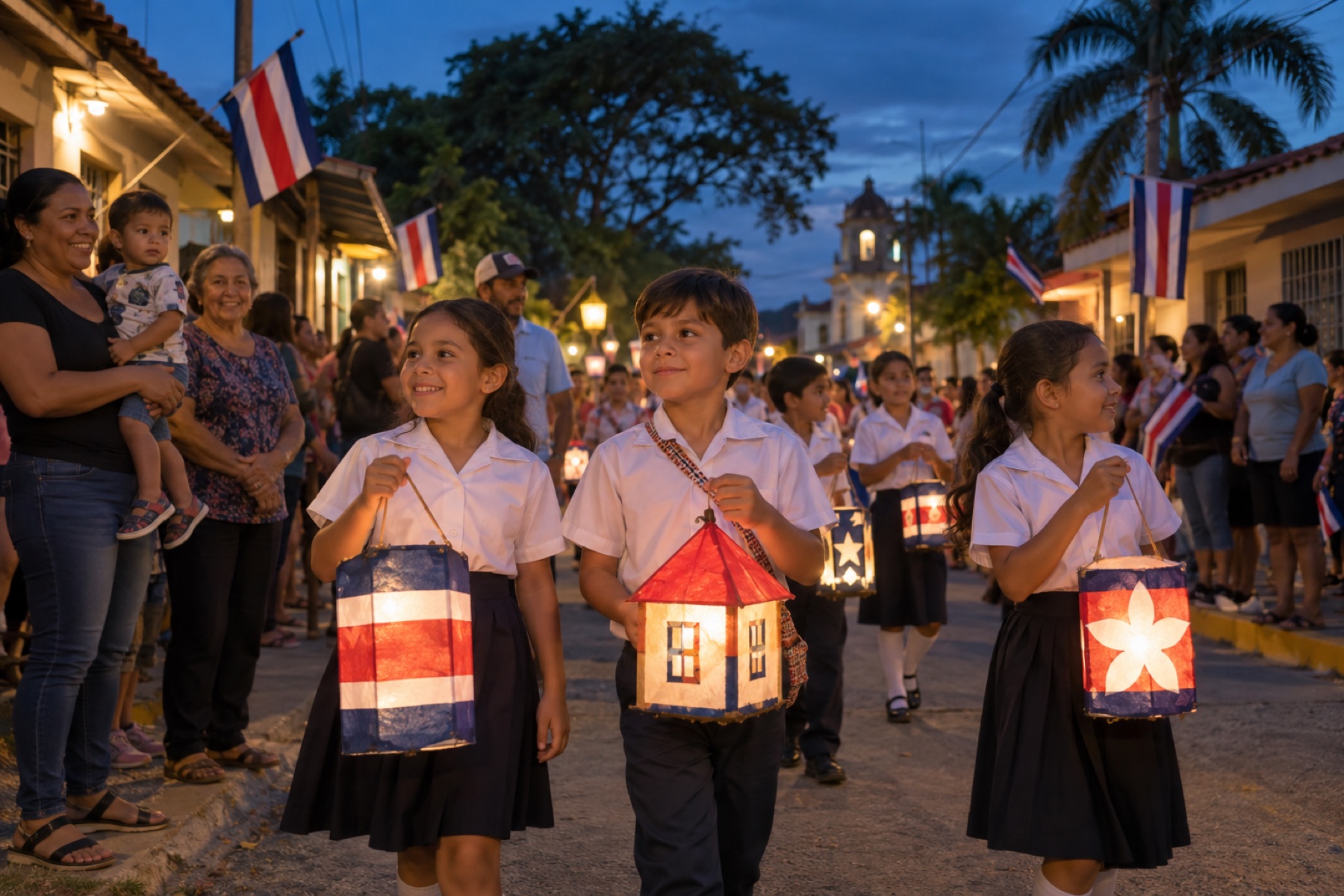 Children carrying handmade lanterns through the streets at dusk during Costa Rica's Independence Day celebrations