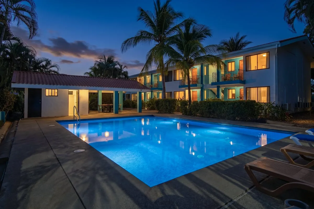 Casa Liro pool lit up in the evening