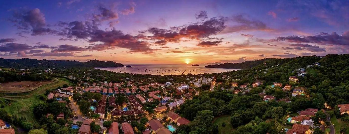 Aerial view of Playas del Coco's bay and coastline