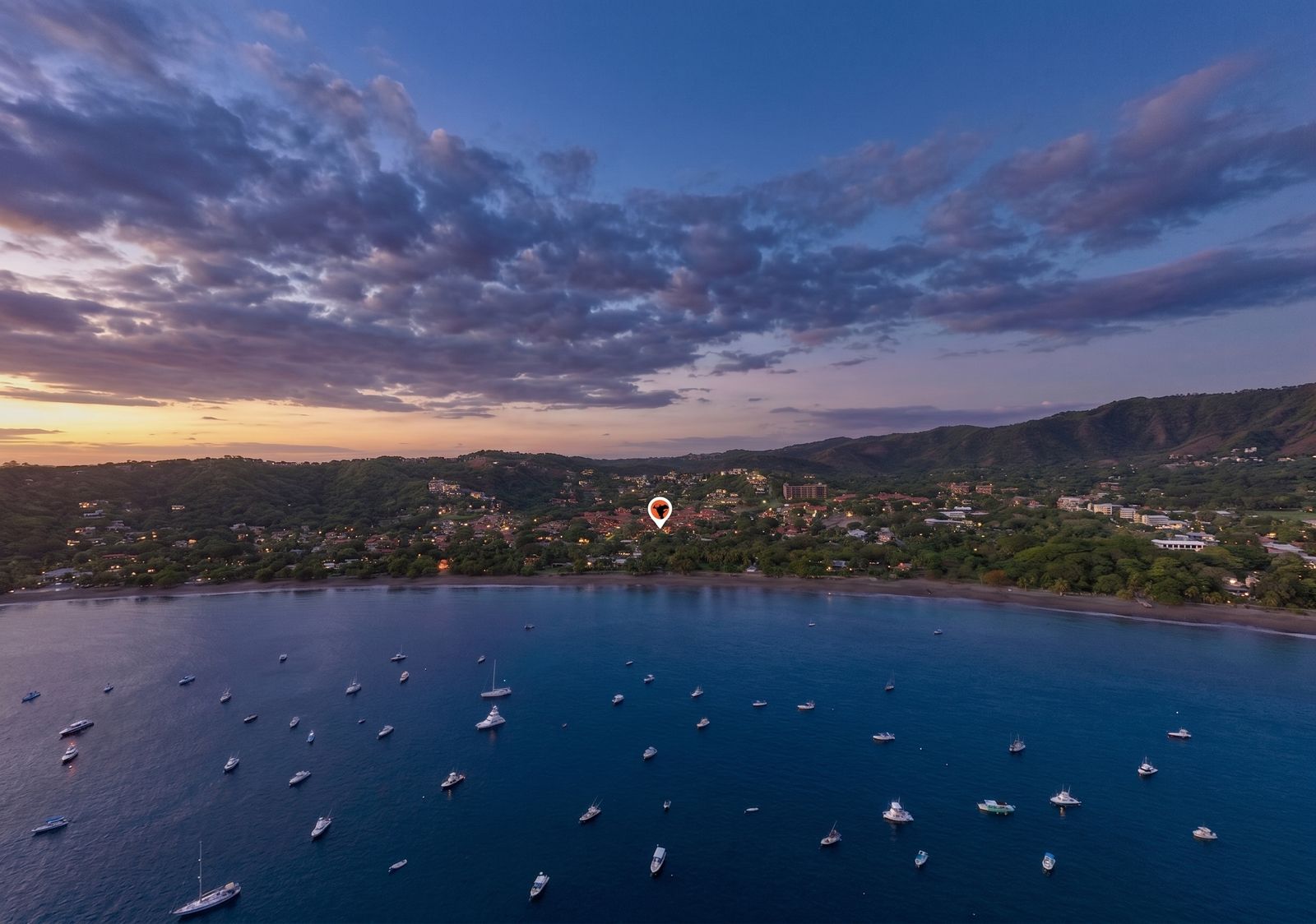 Aerial twilight view of the bay in Playas del Coco, Guanacaste