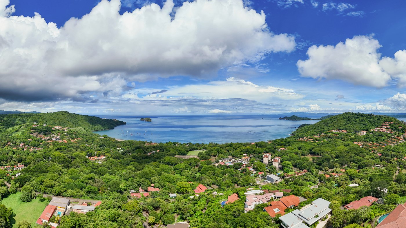 Aerial view of Playa Hermosa's crescent bay